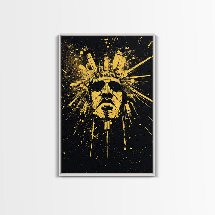 Ancient Sun God Gold Canvas Print, Tribal Deity Wall Decor, Mystical Home Art, Real Wood Framed Statement Artwork