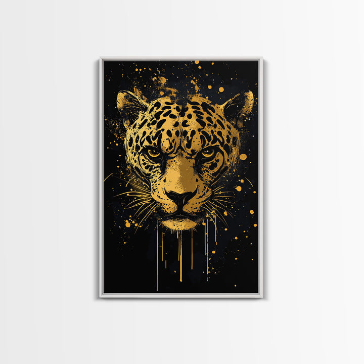 Leopard Head Gold Canvas Print, Jungle Cat Wall Art, Animal Spirit Decor, Real Wood Framed Fierce Modern Artwork