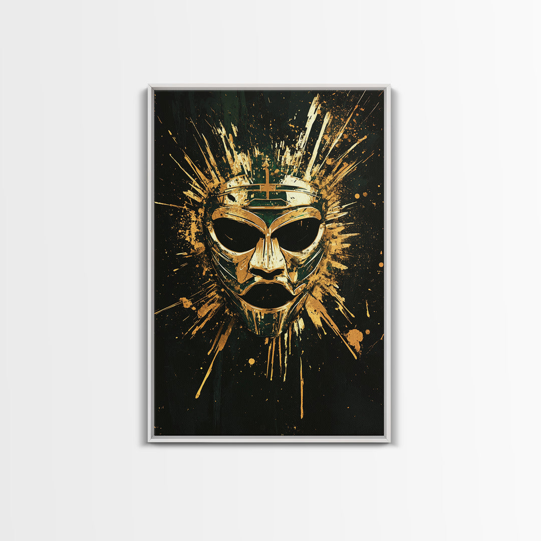 Ancient Warrior Mask Gold Canvas Print, Mythology Wall Decor, Spiritual Protection Art, Real Wood Framed Artwork