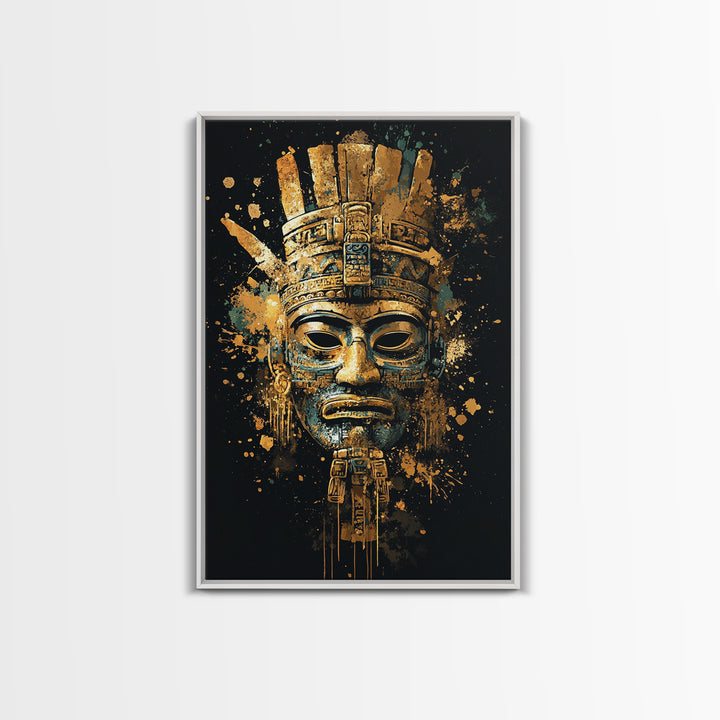 Mayan Inspired Mask Gold Canvas Print, Ancient Civilization Art, Tribal Wall Decor, Real Wood Framed Gold Artwork