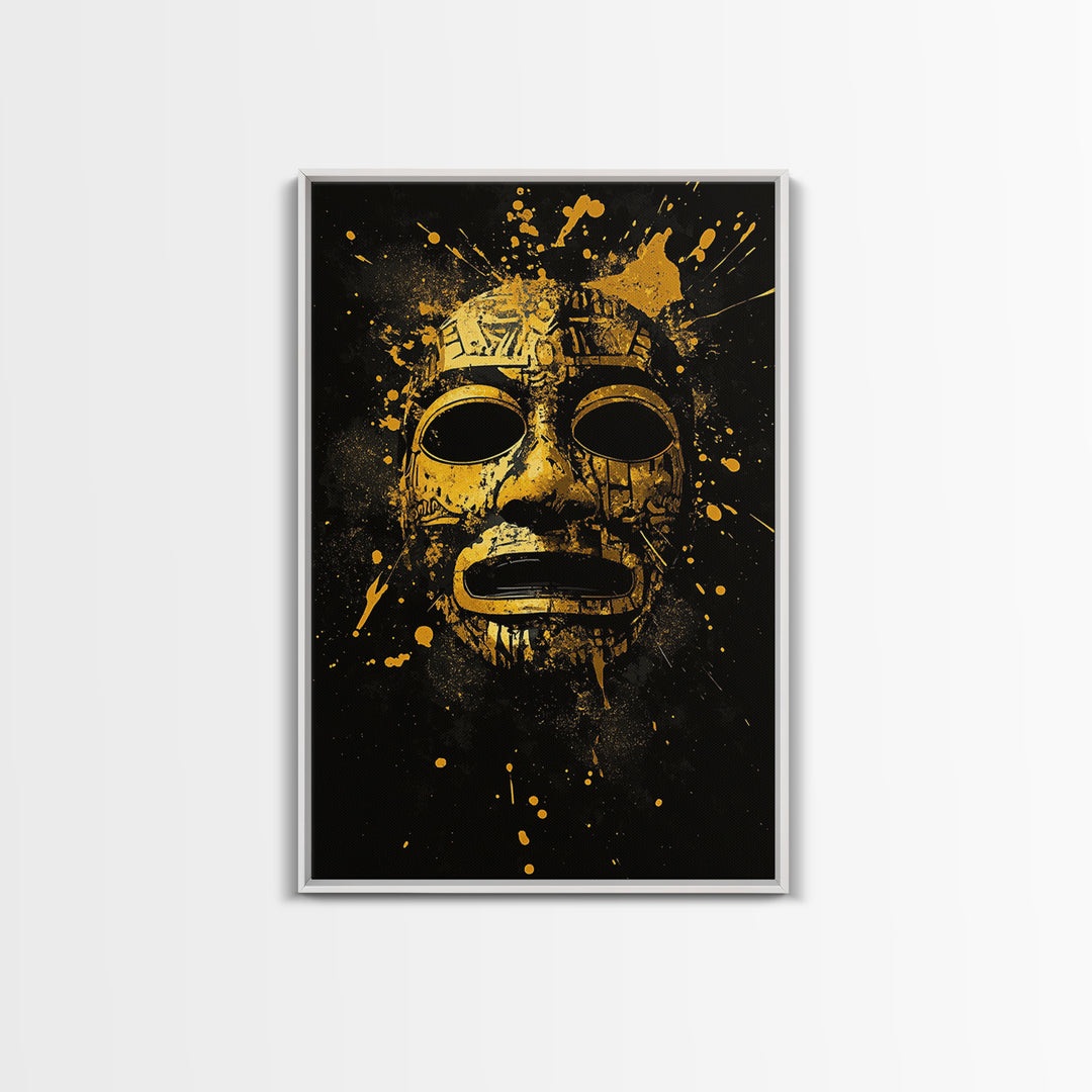 Aztec Mask Gold Canvas Print, Ancient Mythology Art, Tribal Wall Decor, Real Wood Framed Cultural Gold Artwork