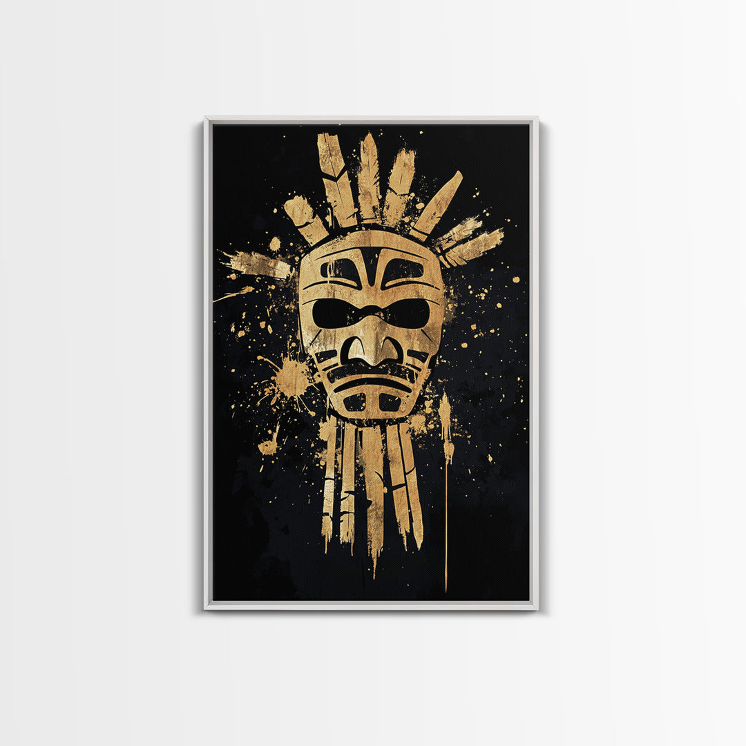 Tribal Sun Mask Gold Canvas Print, Ancestral Wall Art, Sacred Symbol Decor, Real Wood Framed Mystical Gold Artwork