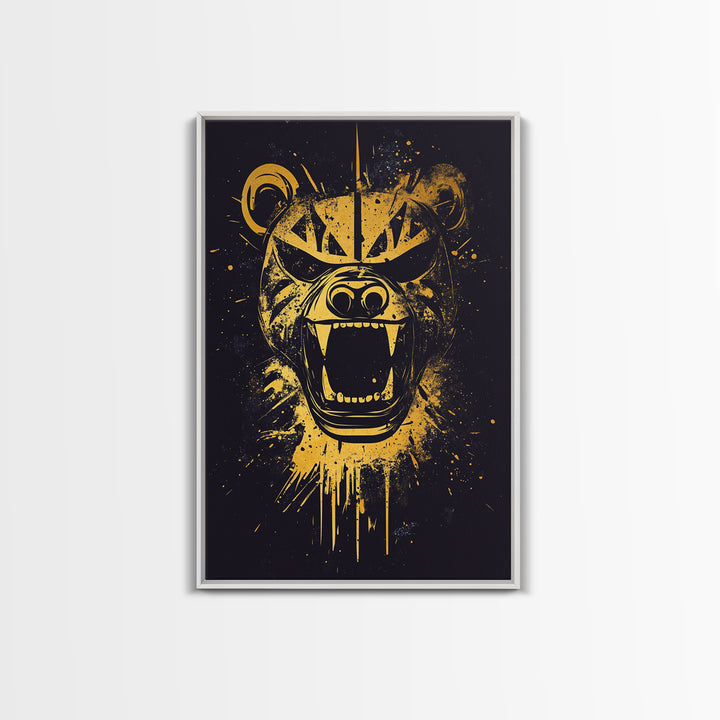 Fierce Bear Gold Canvas Print, Tribal Bear Art, Modern Canvas Wall Decor, Real Wood Frame, Bold Animal Artwork