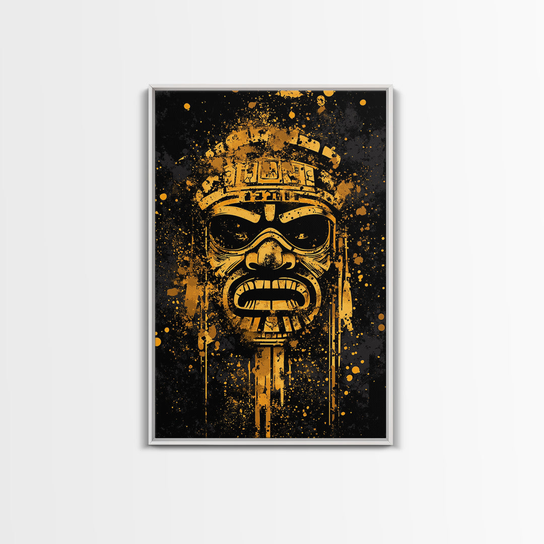 Ancient Tribal Mask Gold Canvas Print, Cultural Art, Bold Splatter Wall Decor, Real Wood Frame, Dramatic Mask Artwork