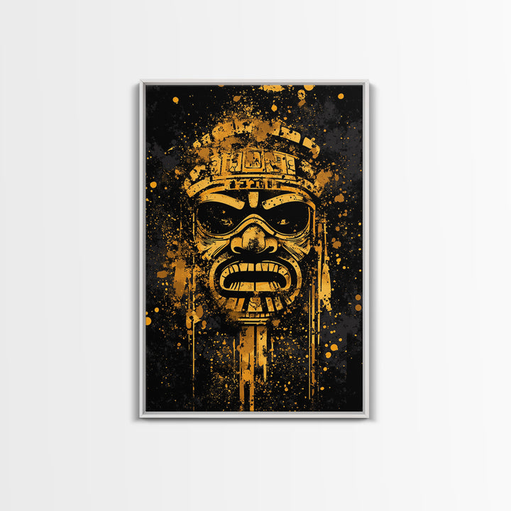 Ancient Tribal Mask Gold Canvas Print, Cultural Art, Bold Splatter Wall Decor, Real Wood Frame, Dramatic Mask Artwork