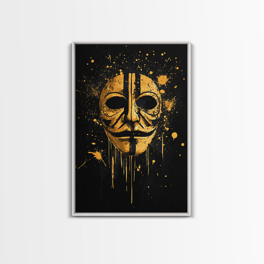 Mystical Mask Gold Canvas Print, Abstract Tribal Art, Splatter Canvas Wall Decor, Real Wood Frame, Modern Statement Artwork