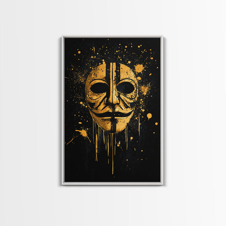 Mystical Mask Gold Canvas Print, Abstract Tribal Art, Splatter Canvas Wall Decor, Real Wood Frame, Modern Statement Artwork