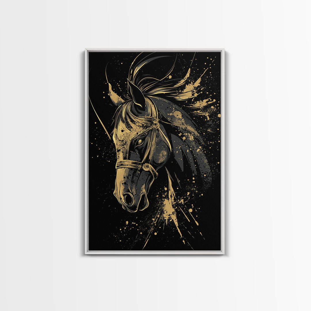 Majestic Horse Gold Canvas Print, Equestrian Wall Art, Splatter Style Decor, Real Wood Frame, Bold Animal Artwork