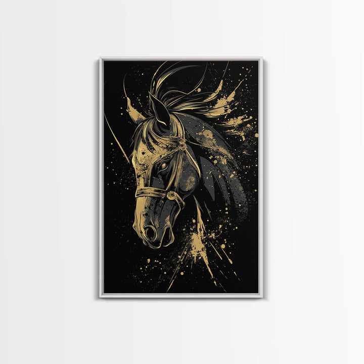 Majestic Horse Gold Canvas Print, Equestrian Wall Art, Splatter Style Decor, Real Wood Frame, Bold Animal Artwork