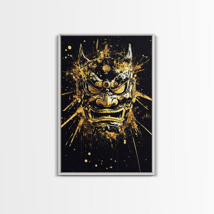 Demon Mask Gold Canvas Print, Fierce Samurai Style Art, Splatter Wall Decor, Real Wood Frame, Bold Statement Artwork