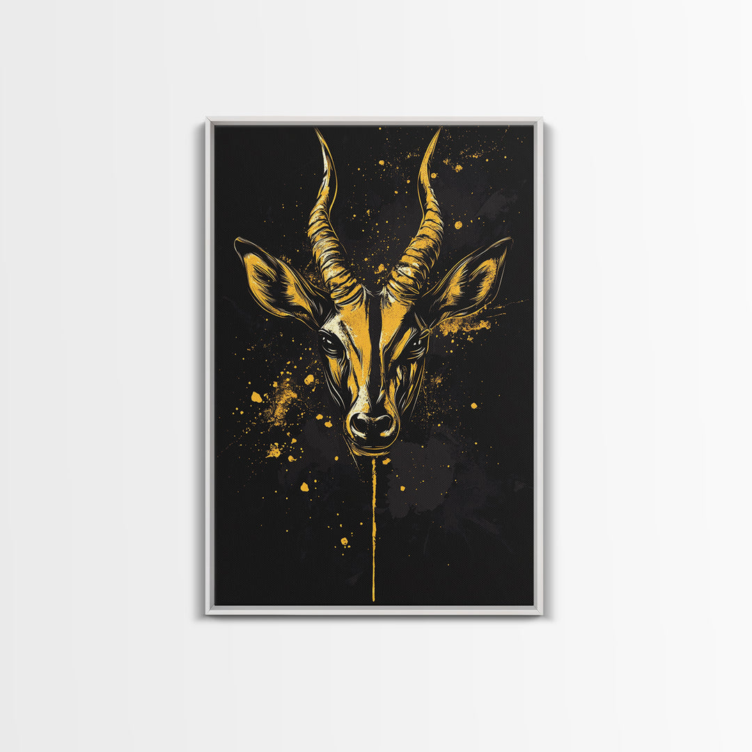 Antelope Head Gold Canvas Print, Wildlife Art, Splatter Animal Decor, Real Wood Frame, Bold Tribal Inspired Artwork