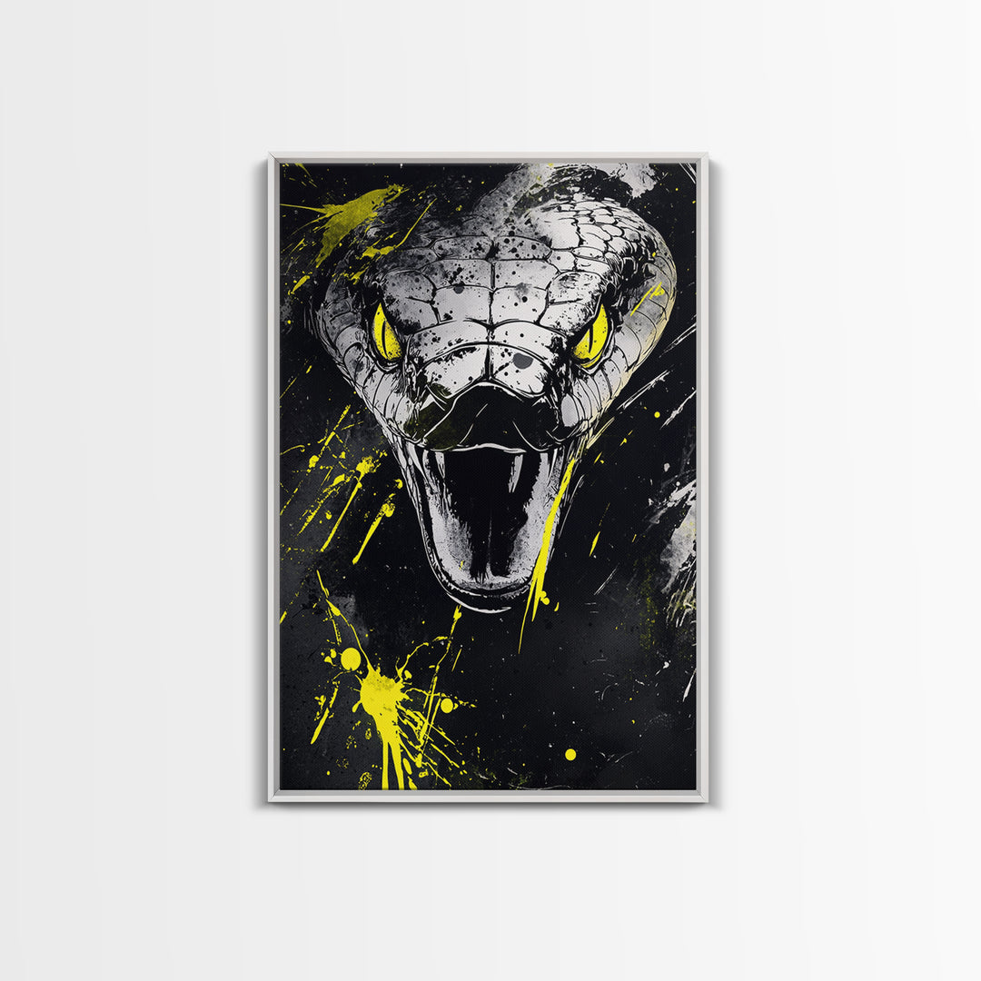 Viper Snake Gold Canvas Print, Venomous Reptile Art, Bold Splatter Wall Decor, Real Wood Frame, Fierce Snake Artwork
