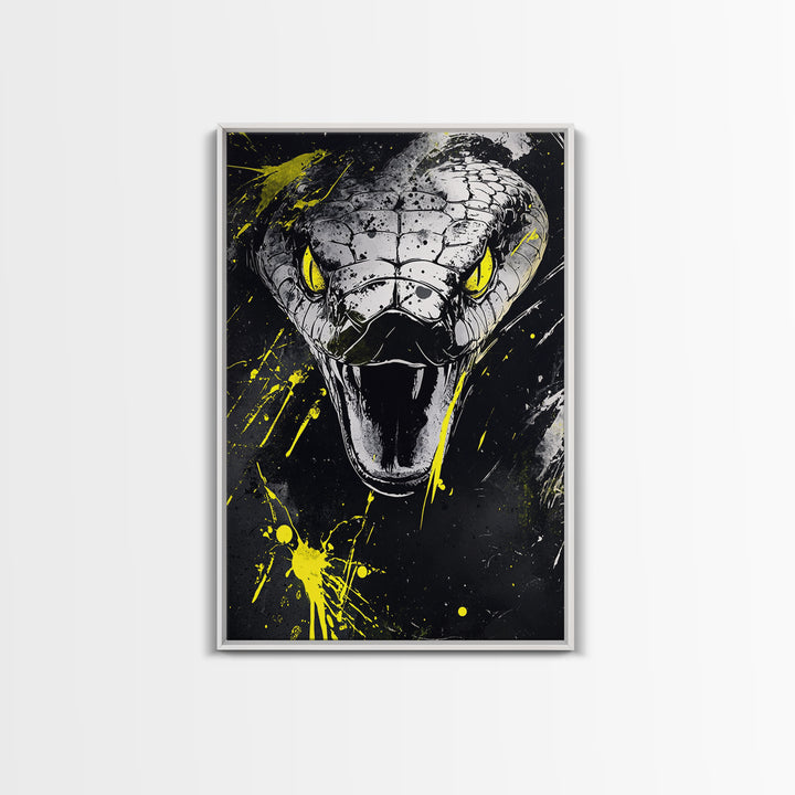 Viper Snake Gold Canvas Print, Venomous Reptile Art, Bold Splatter Wall Decor, Real Wood Frame, Fierce Snake Artwork