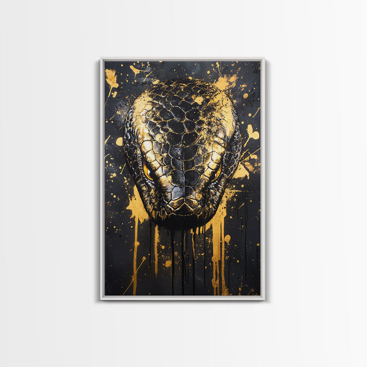 Python Snake Gold Canvas Print, Tribal Reptile Art, Bold Canvas Wall Decor, Real Wood Frame, Splatter Animal Artwork