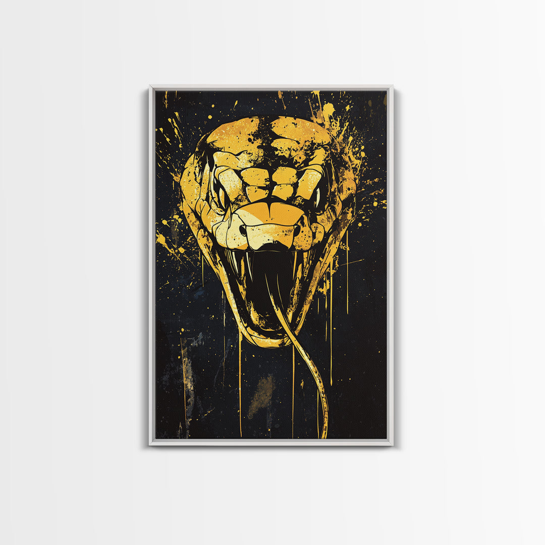 Cobra Head Gold Canvas Print, Fierce Snake Art, Splatter Style Canvas Decor, Real Wood Frame, Bold Animal Statement Artwork