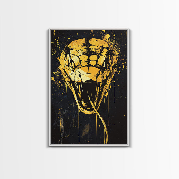 Cobra Head Gold Canvas Print, Fierce Snake Art, Splatter Style Canvas Decor, Real Wood Frame, Bold Animal Statement Artwork