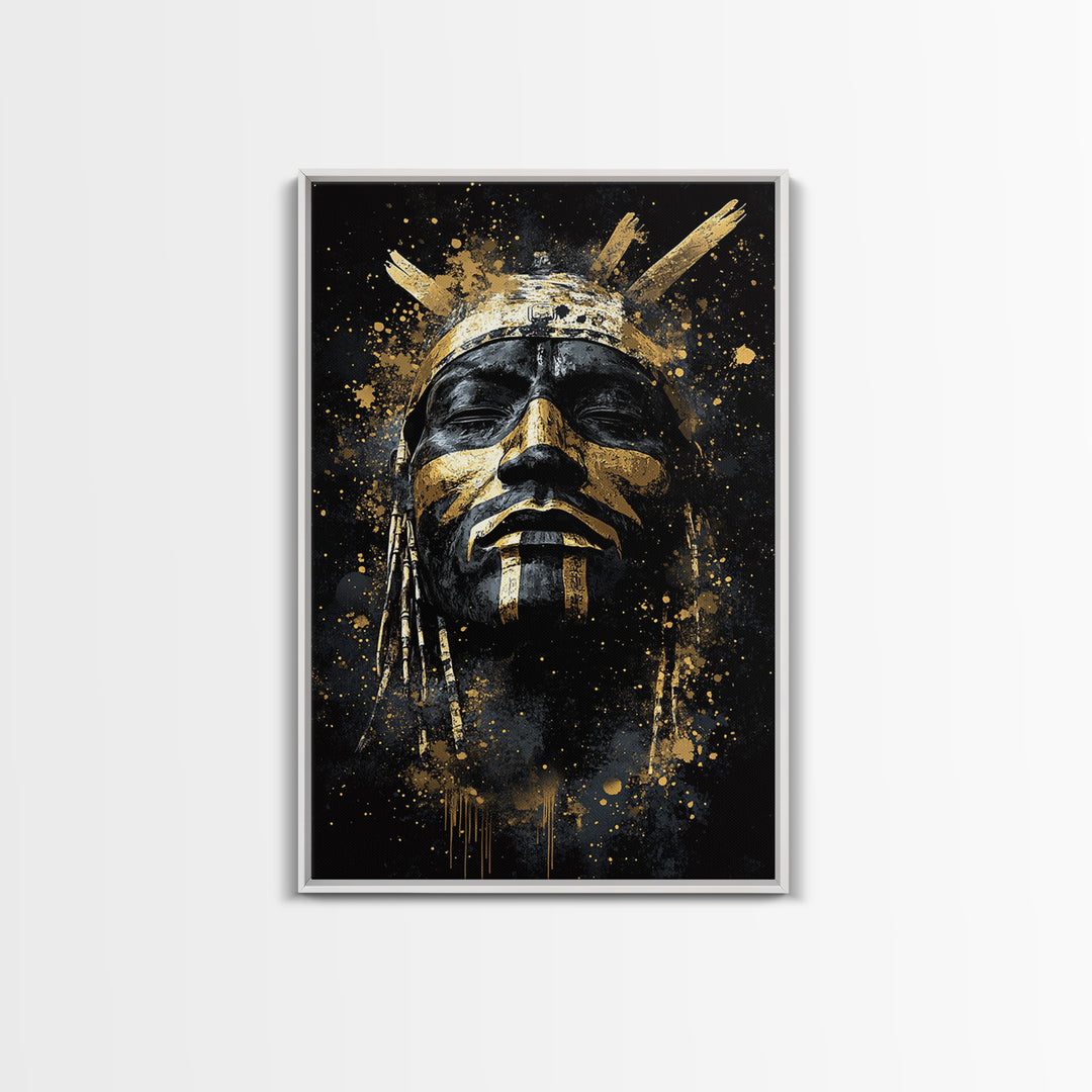 Tribal Warrior Mask Art,Bold Cultural Wall Decor,Real Wood Frame,Striking Tribal Artwork,Modern Statement Piece
