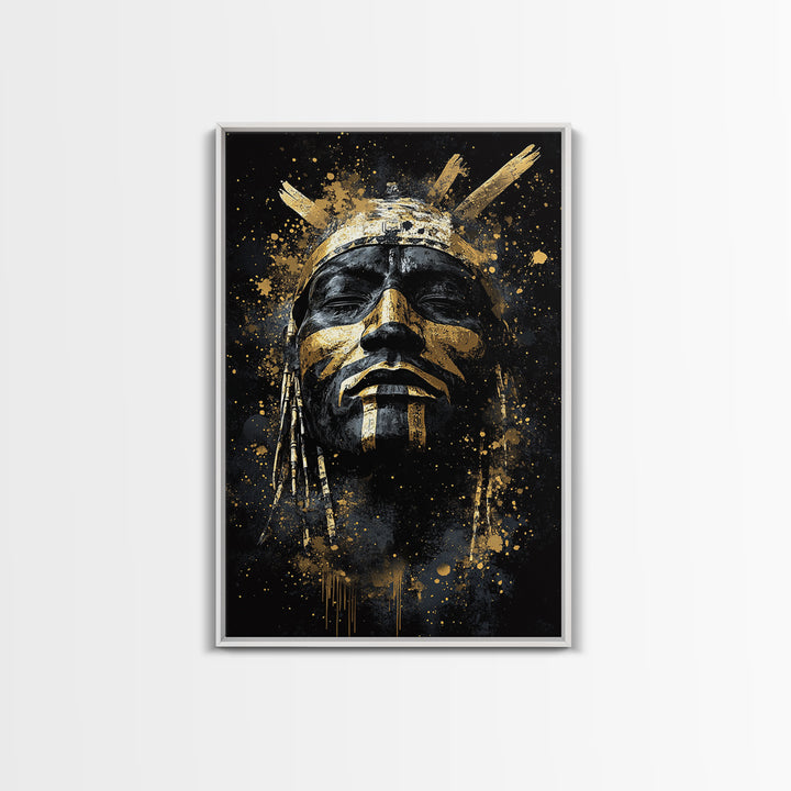 Tribal Warrior Mask Art,Bold Cultural Wall Decor,Real Wood Frame,Striking Tribal Artwork,Modern Statement Piece