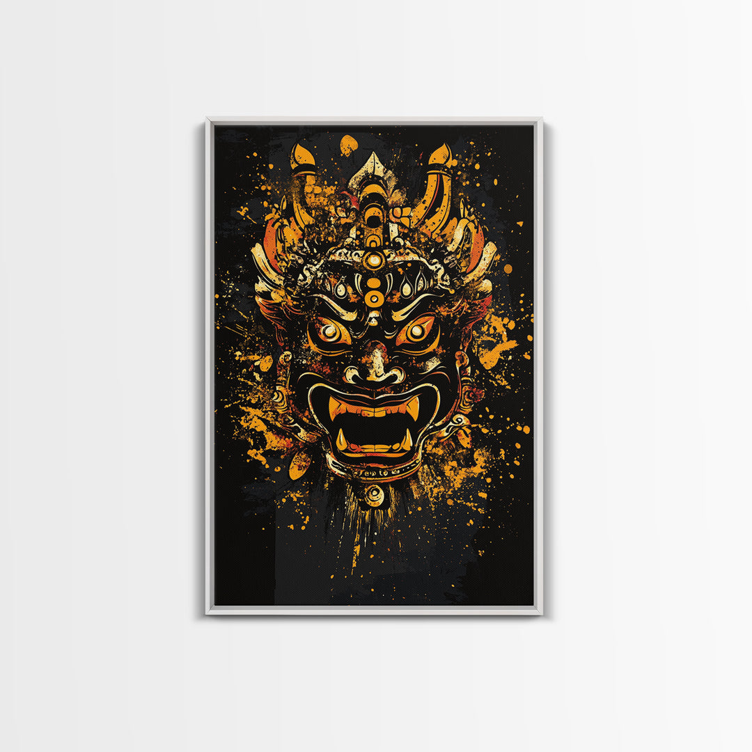 Fierce Demon Mask Artwork,Modern Cultural Wall Decor,Real Wood Frame,Bold Mythical Art,Striking Statement Accent