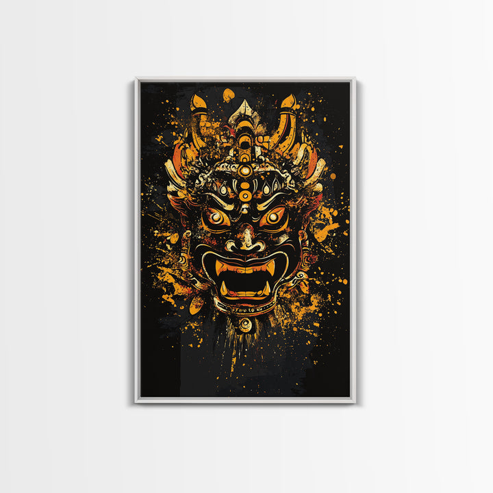 Fierce Demon Mask Artwork,Modern Cultural Wall Decor,Real Wood Frame,Bold Mythical Art,Striking Statement Accent