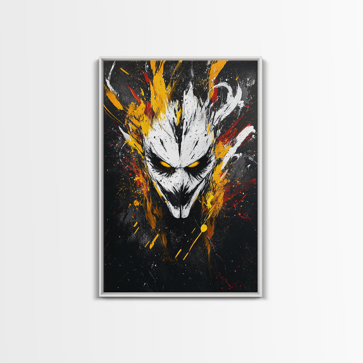 Intense Mask Artwork,Modern Abstract Wall Decor,Real Wood Frame,Bold Fiery Art,Striking Vibrant Statement Piece