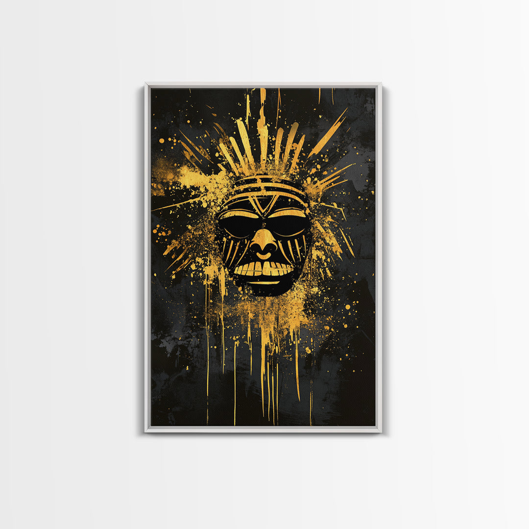 Tribal Sun Mask Gold Canvas Print, Bold Wall Art With Real Wood Frame, Cultural Decor, Splatter Style Artwork