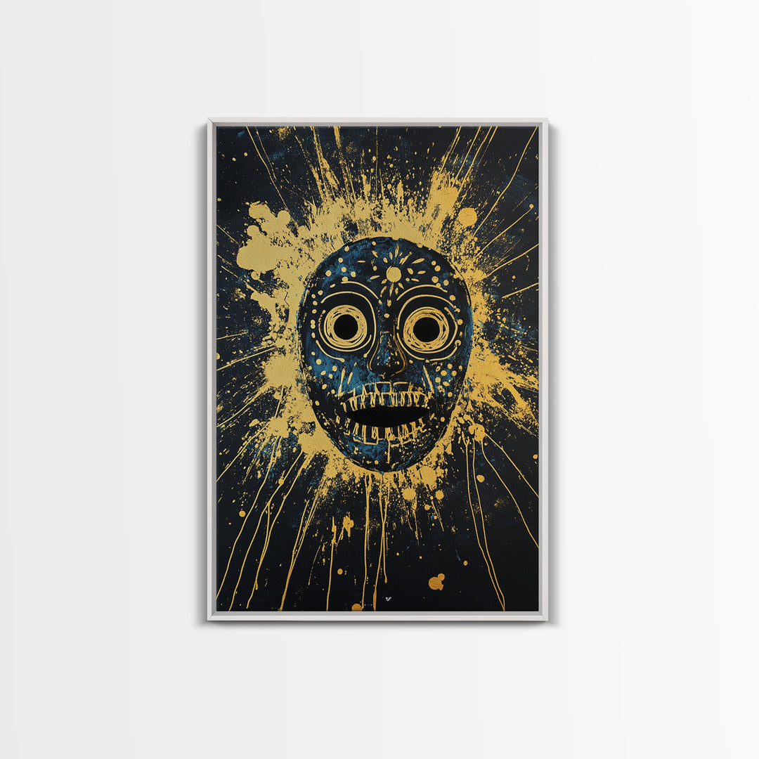 Cosmic Tribal Mask Gold Canvas Print, Unique Wall Art With Real Wood Frame, Ethnic Decor, Bold Splatter Artwork