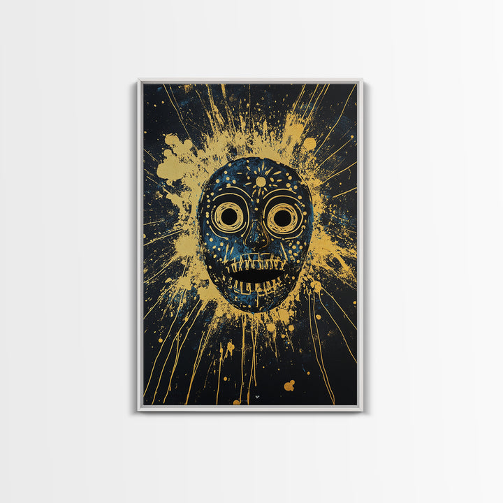 Cosmic Tribal Mask Gold Canvas Print, Unique Wall Art With Real Wood Frame, Ethnic Decor, Bold Splatter Artwork