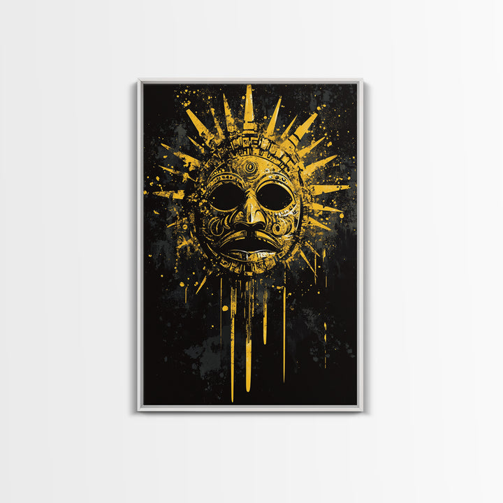 Aztec Sun God Mask Gold Canvas Print, Tribal Wall Art With Real Wood Frame, Ancient Culture Decor, Bold Artwork