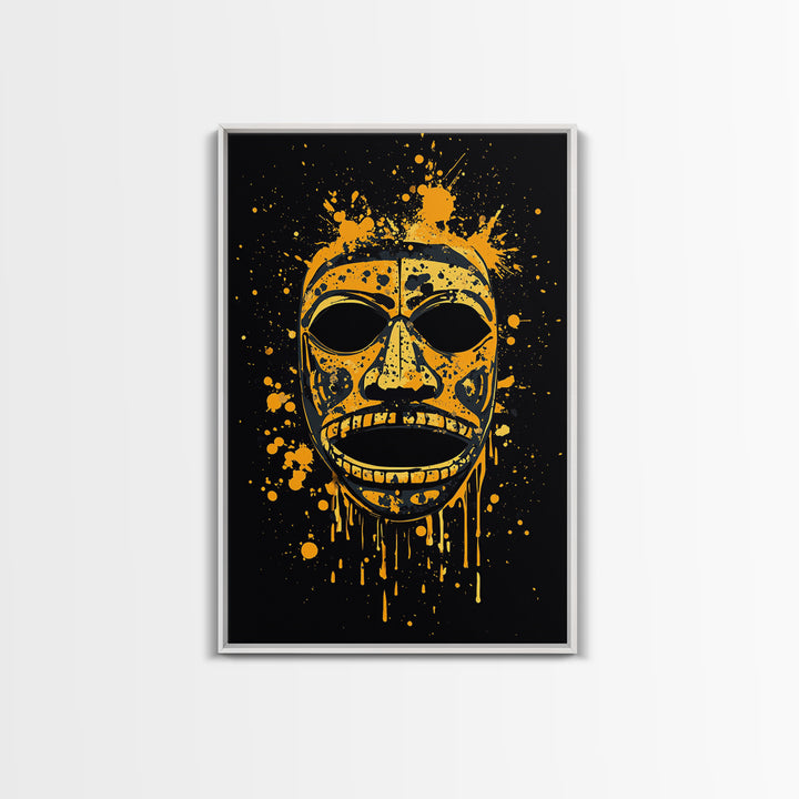 Traditional Tribal Mask Gold Canvas Print, Splatter Style Wall Art With Real Wood Frame, Cultural Decor Accent