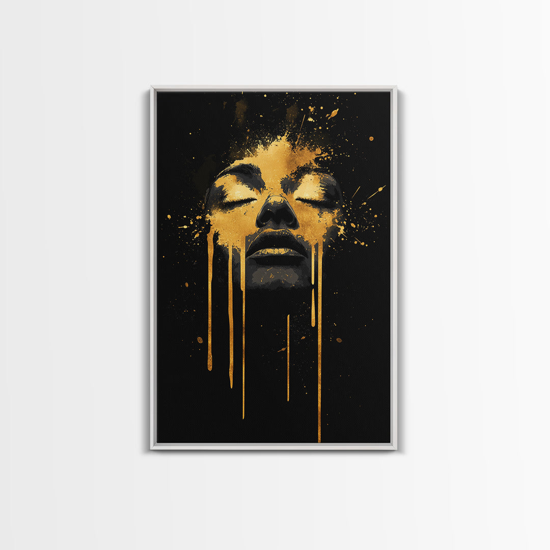 Golden Face Gold Canvas Art, Modern Wall Print With Real Wood Frame, Abstract Portrait, Splatter Style Cultural Decor