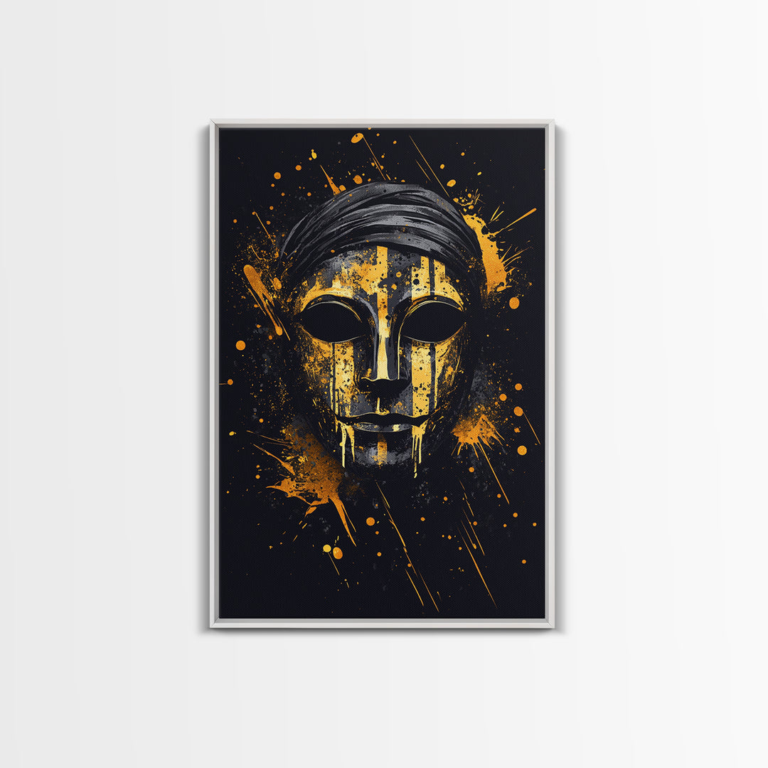 Classic Tribal Mask Gold Canvas Print, Bold Ethnic Wall Art With Real Wood Frame, Splatter Style Cultural Decor
