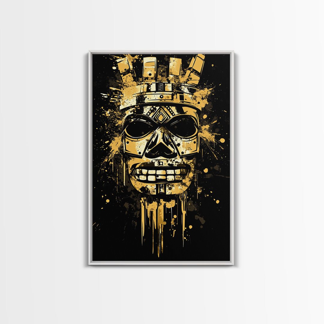 Ancient Warrior Mask Gold Canvas Print, Bold Wall Art With Real Wood Frame, Cultural Splatter Style Home Decor