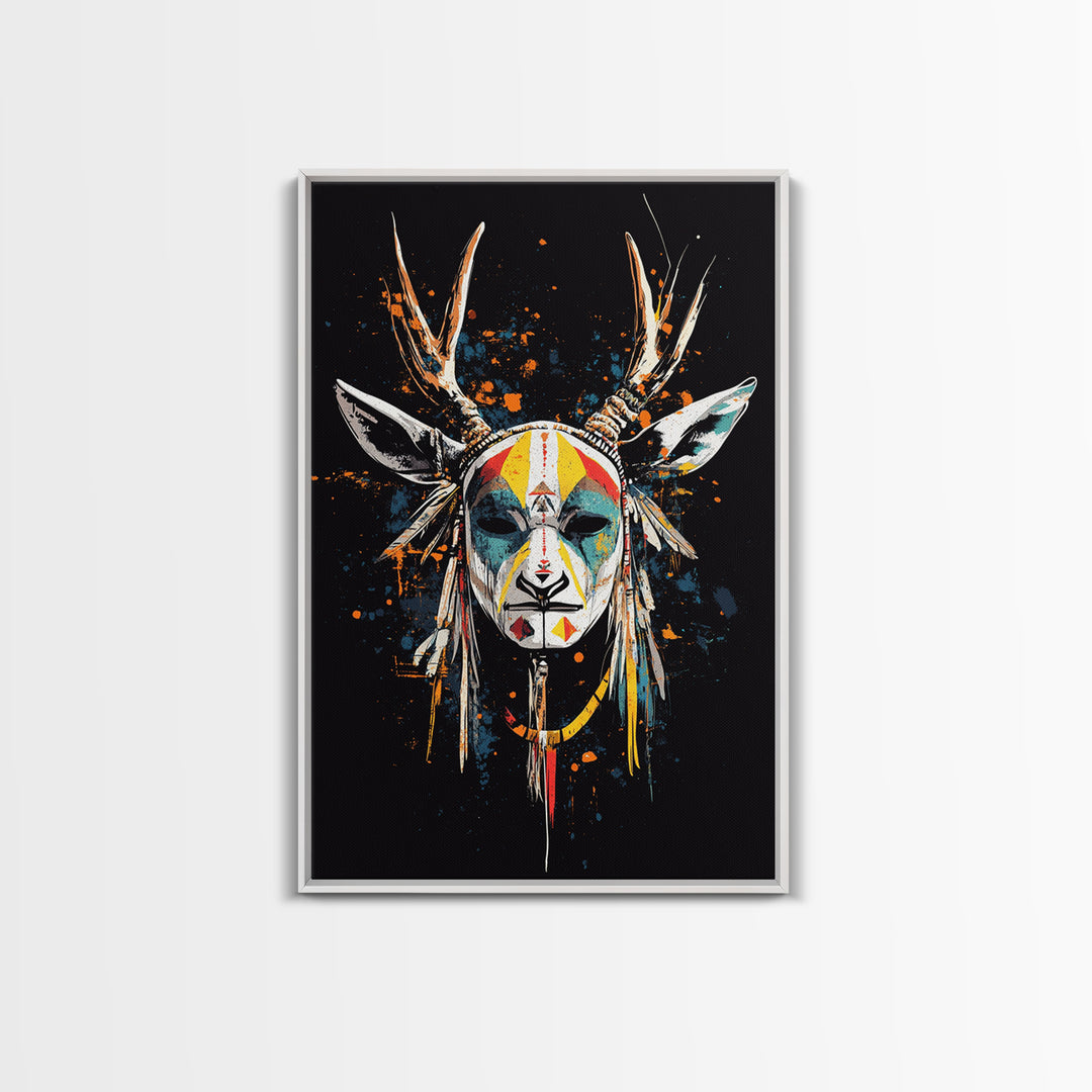 Deer Horn Mask Gold Canvas Print, Tribal Wall Art With Real Wood Frame, Ethnic Splatter Style Bold Wall Accent