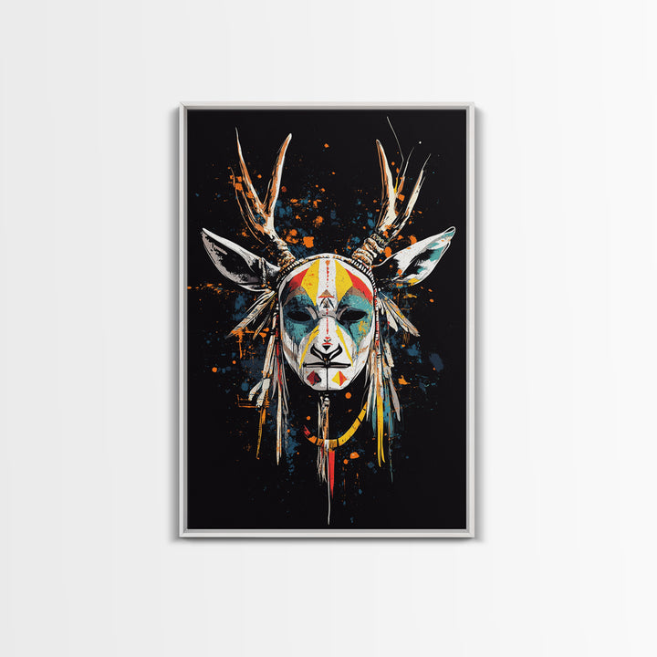 Deer Horn Mask Gold Canvas Print, Tribal Wall Art With Real Wood Frame, Ethnic Splatter Style Bold Wall Accent