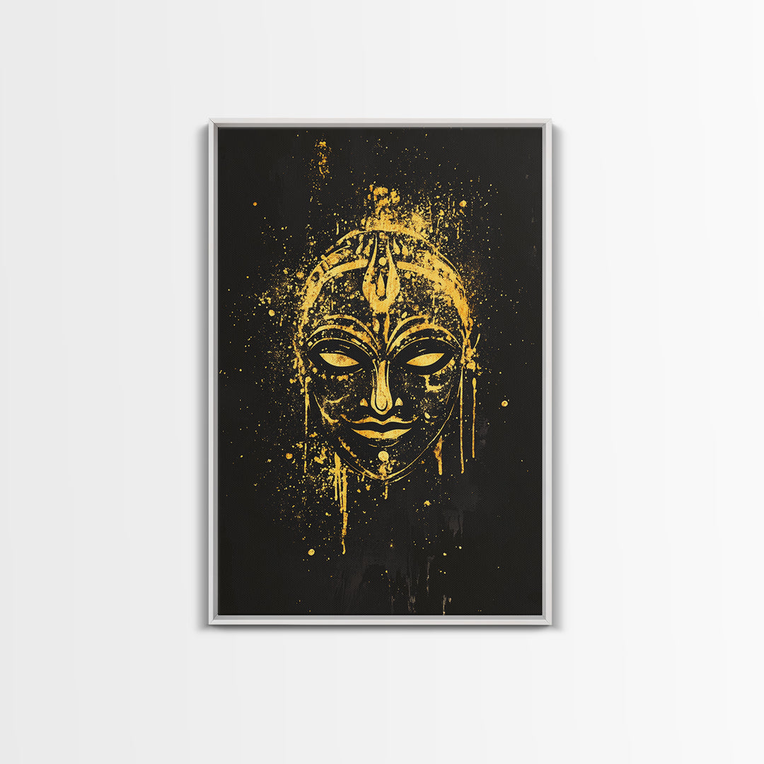 Mystical Goddess Mask Gold Canvas Art, Cultural Wall Print With Real Wood Frame, Splatter Style Decor For Bold Homes