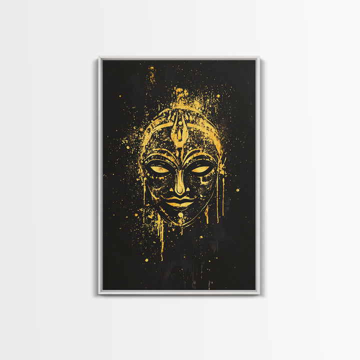 Mystical Goddess Mask Gold Canvas Art, Cultural Wall Print With Real Wood Frame, Splatter Style Decor For Bold Homes