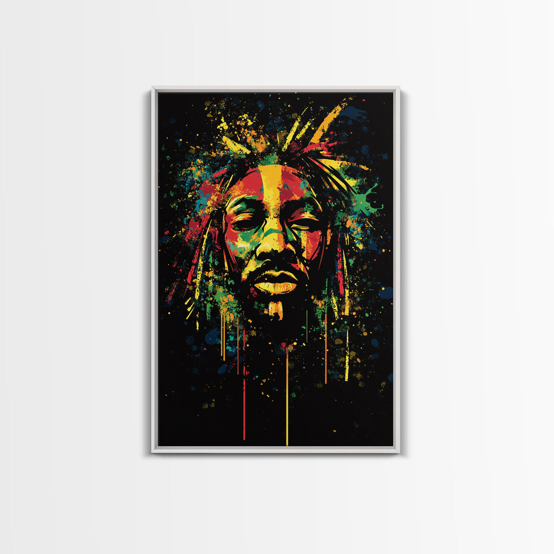 Rastafarian Portrait Gold Canvas Print, Vibrant Cultural Wall Art With Real Wood Frame, Bold Splatter Style Decor