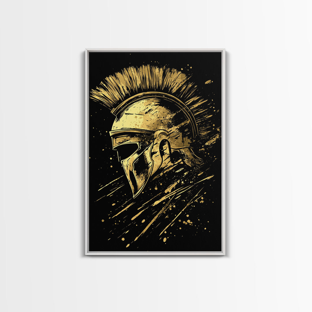 Spartan Warrior Helmet Gold Canvas Print, Ancient Greek Art, Mythology Wall Decor, Real Wood Frame, Bold Statement Piece