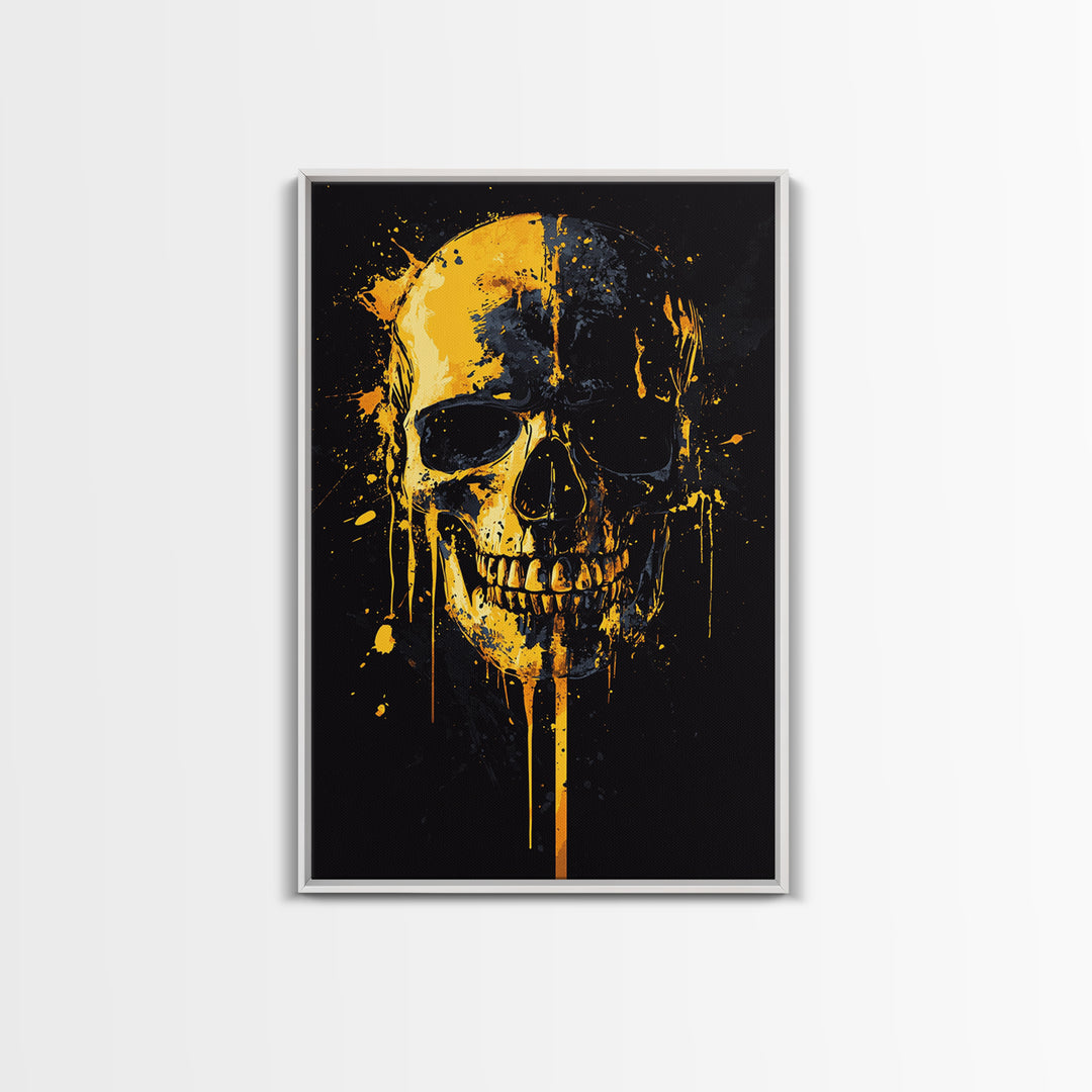 Dripping Skull Gold Canvas Print, Gothic Wall Art, Dark Decor, Edgy Skull Artwork, Real Wood Frame, Modern Statement Piece