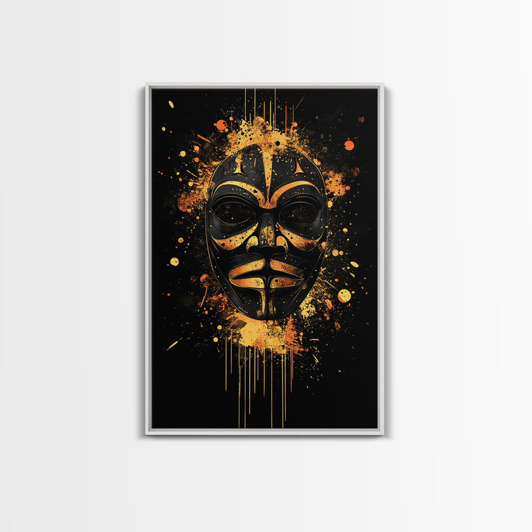 Nordic Warrior Mask Gold Canvas Print, Viking Art, Norse Wall Decor, Bold Splatter Artwork, Real Wood Frame, Mythology Design