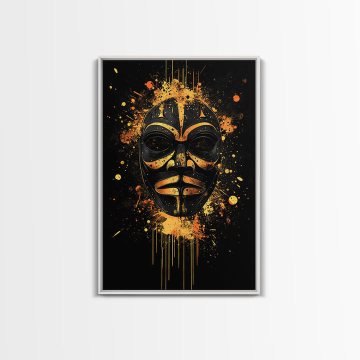 Nordic Warrior Mask Gold Canvas Print, Viking Art, Norse Wall Decor, Bold Splatter Artwork, Real Wood Frame, Mythology Design