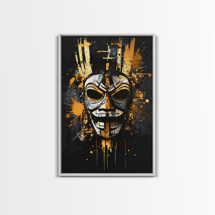 Tribal Warrior Mask Gold Canvas Print, Fierce Mask Art, Bold Wall Decor, Real Wood Frame, Dramatic Splatter Effect Artwork
