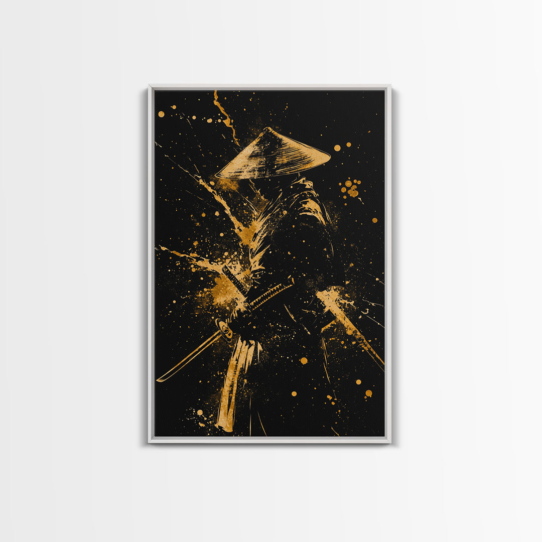 Ronin Samurai Gold Canvas Print, Japanese Warrior Art, Epic Splatter Decor, Real Wood Frame, Fierce Bushido Inspired Wall Artwork