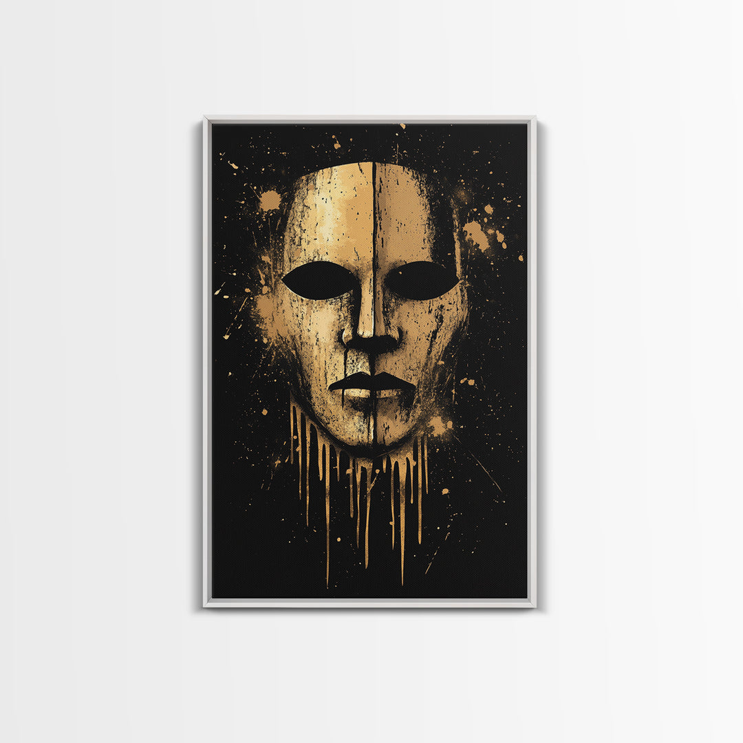 Ancient Warrior Mask Gold Canvas Print, Bold Tribal Decor, Striking Wall Art, Real Wood Frame, Splatter Effect Modern Artwork