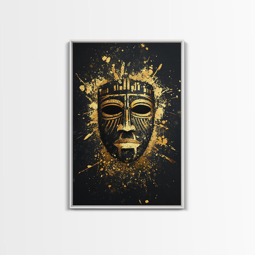 Mystical Tribal Mask Gold Canvas Print, Abstract Wall Art, Bold Statement Decor, Real Wood Frame, Unique Splatter Inspired Artwork