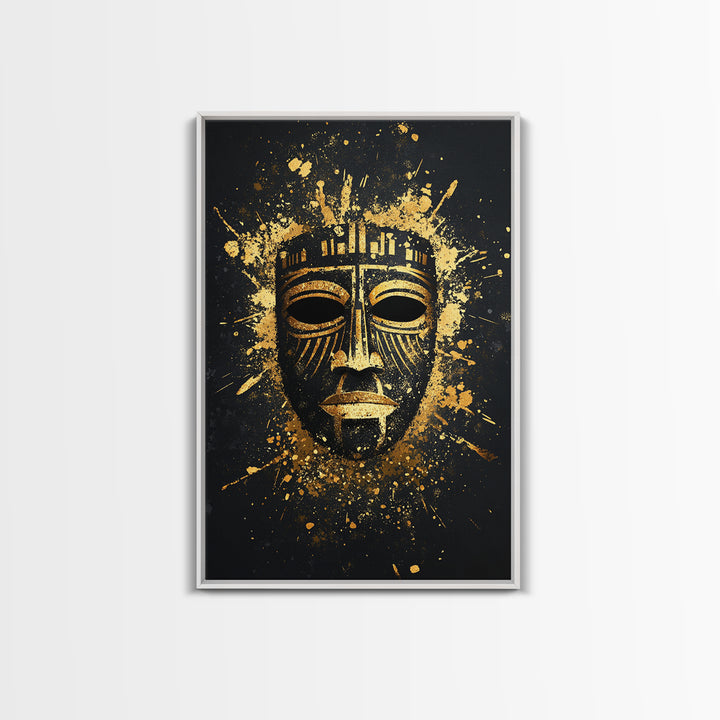 Mystical Tribal Mask Gold Canvas Print, Abstract Wall Art, Bold Statement Decor, Real Wood Frame, Unique Splatter Inspired Artwork