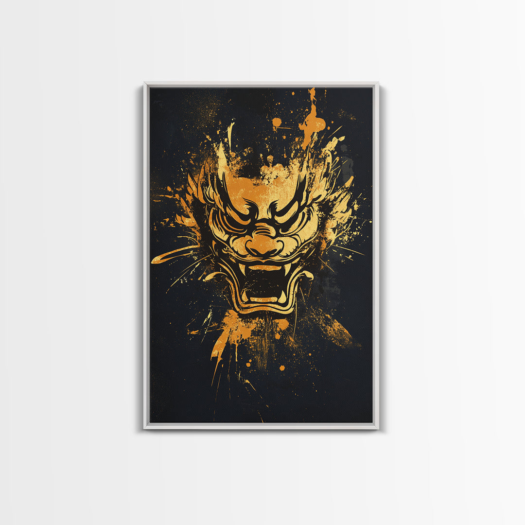 Mythical Dragon Face Gold Canvas Print, Asian Inspired Art, Fierce Wall Decor, Real Wood Frame, Splatter Style Statement Artwork