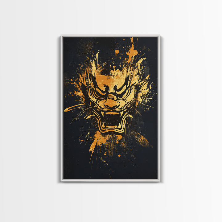 Mythical Dragon Face Gold Canvas Print, Asian Inspired Art, Fierce Wall Decor, Real Wood Frame, Splatter Style Statement Artwork