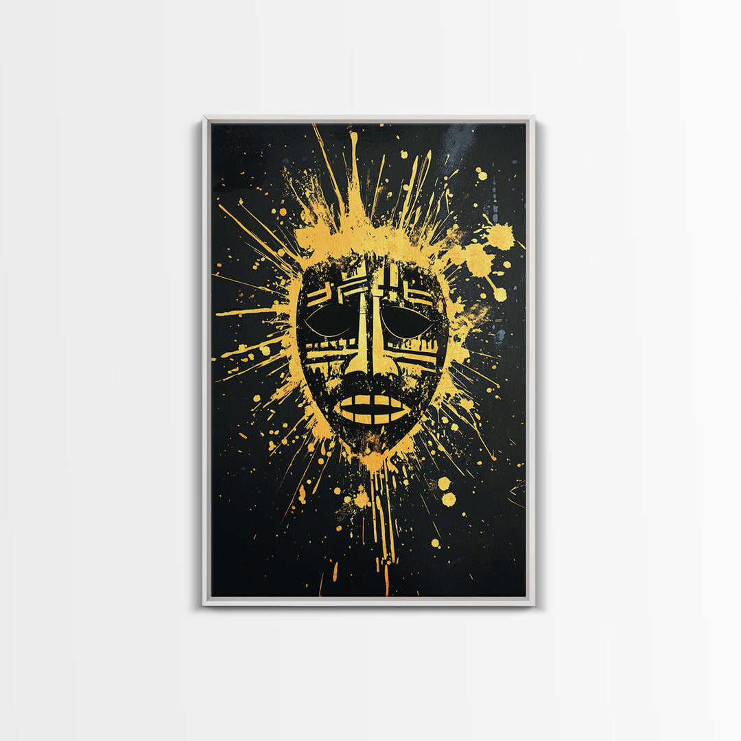 Tribal Mask Gold Canvas Print, Ethnic Wall Art, Real Wood Frame, Splatter Abstract Face Decor, Modern Tribal Home Accent
